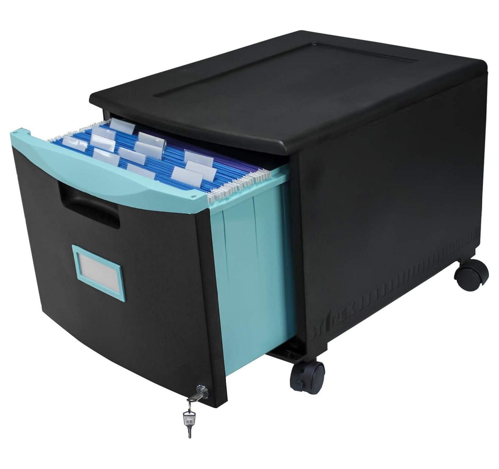 Storex Single-Drawer Mobile Filing Cabinet, 1 Legal/Letter-Size File Drawer, Black/Teal, 14.75" x 18.25" x 12.75"