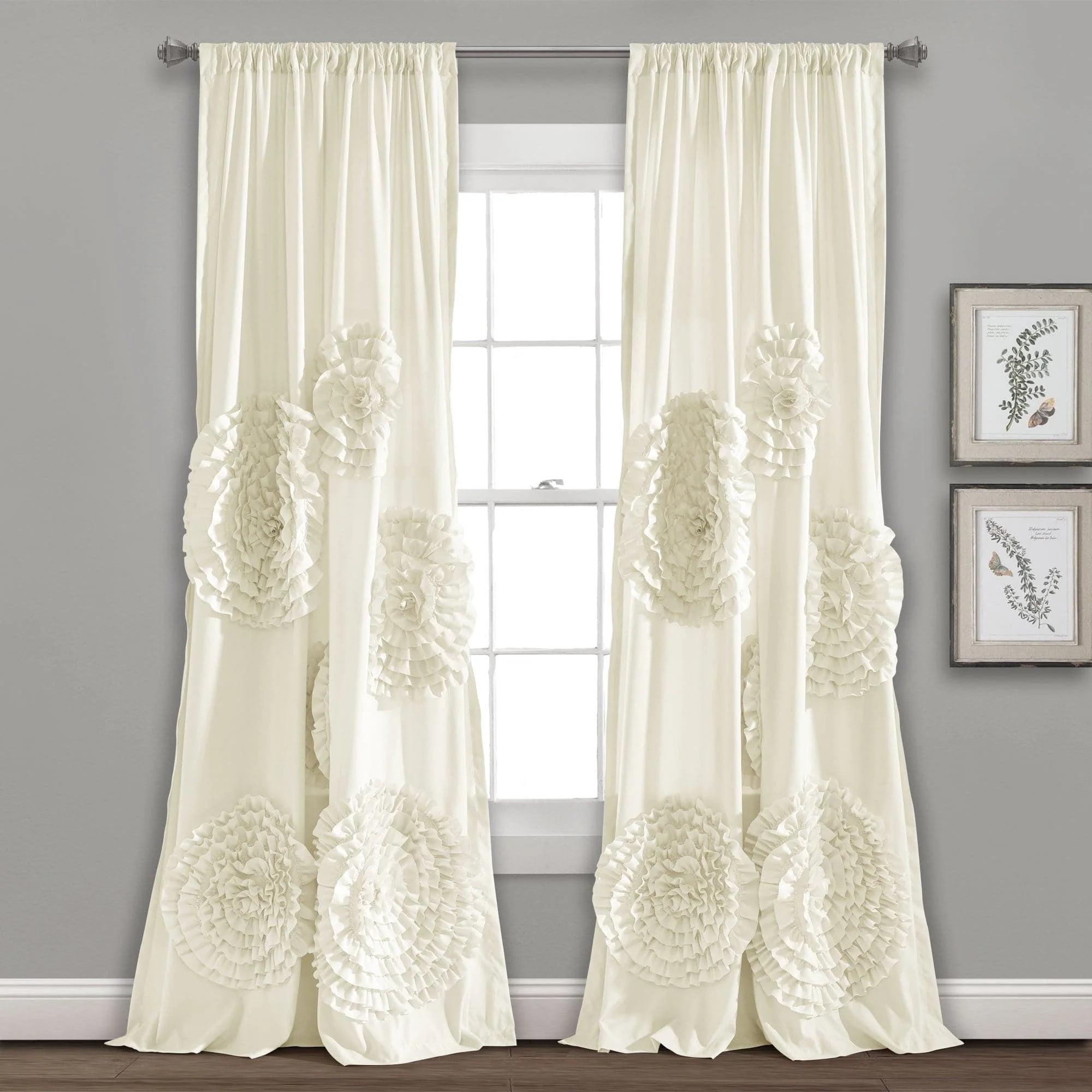 Ivory Polyester Light-Filtering Ruched Flower Curtain Panel