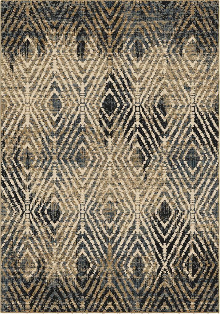 Geometric Blue and Beige Stain-Resistant Synthetic Area Rug