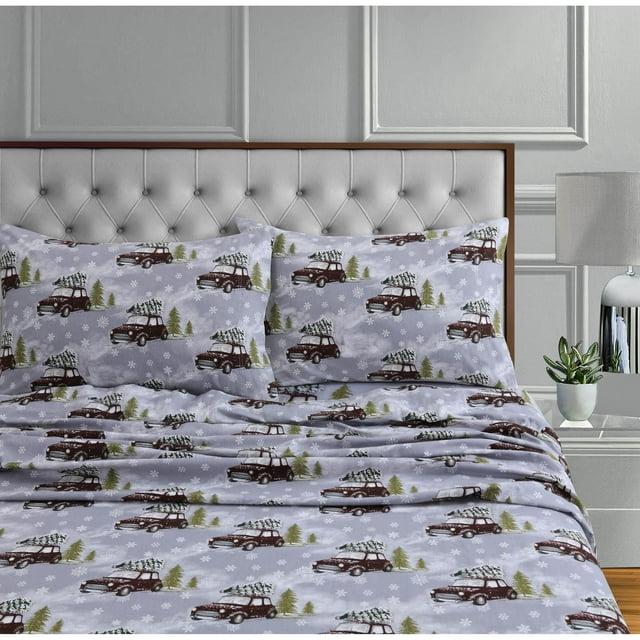 Tribeca Living 170-GSM Soft Flannel Extra Deep Pocket Bed Sheet Set with Oversized Flat winter outing grey Queen Novelty Traditional
