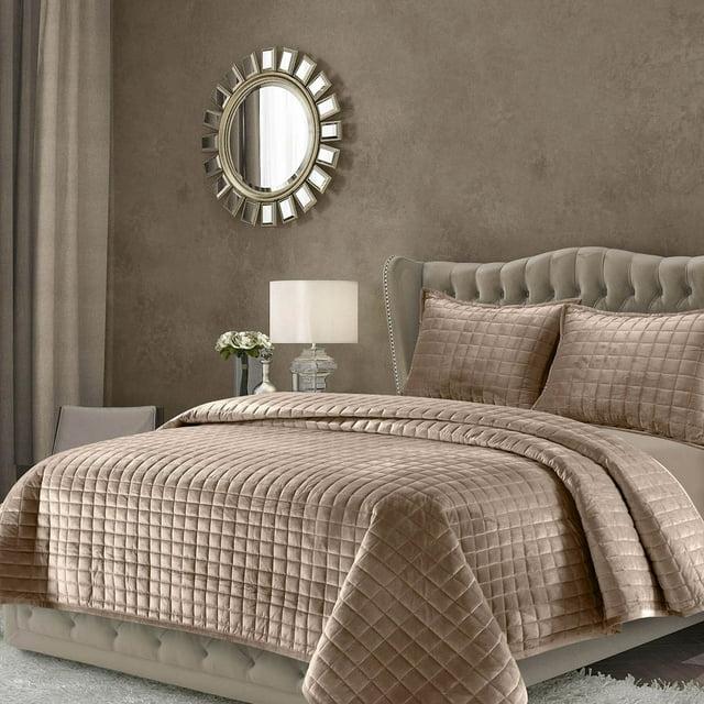 Tribeca Living Florence Velvet Oversized Solid Quilt Set King Taupe