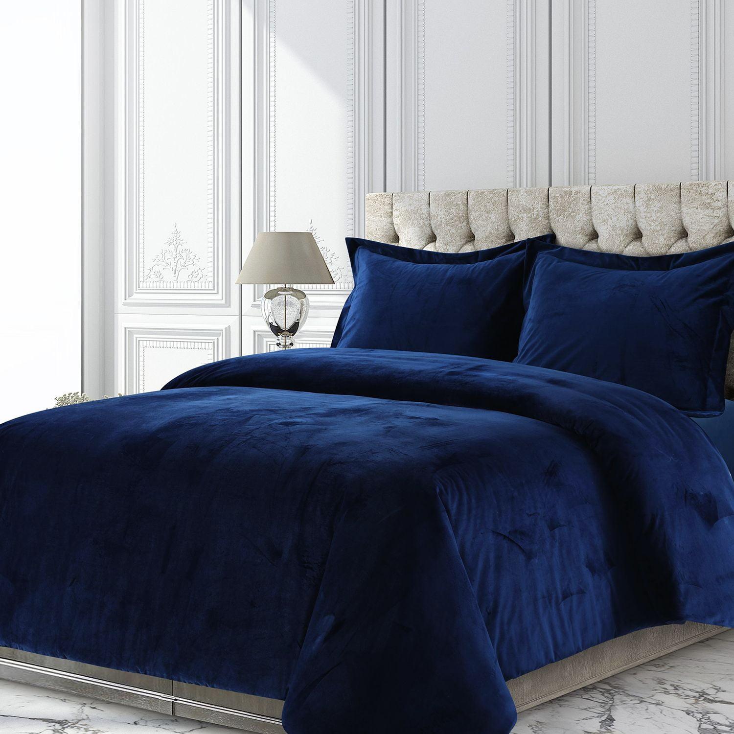 3pc King Venice Velvet Oversized Solid Duet Set Navy Blue - Tribeca Living: Luxurious Polyester, Reversible, OEKO-TEX Certified