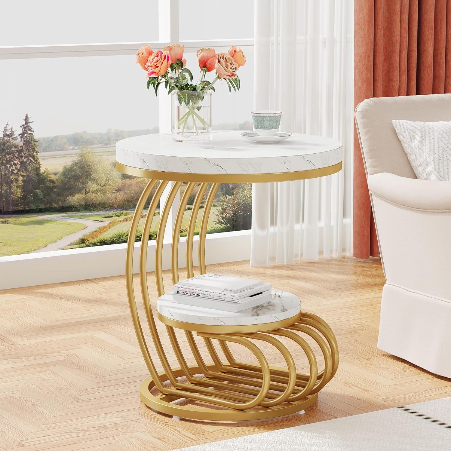 Gold and White Faux Marble Round End Table with Storage Shelf