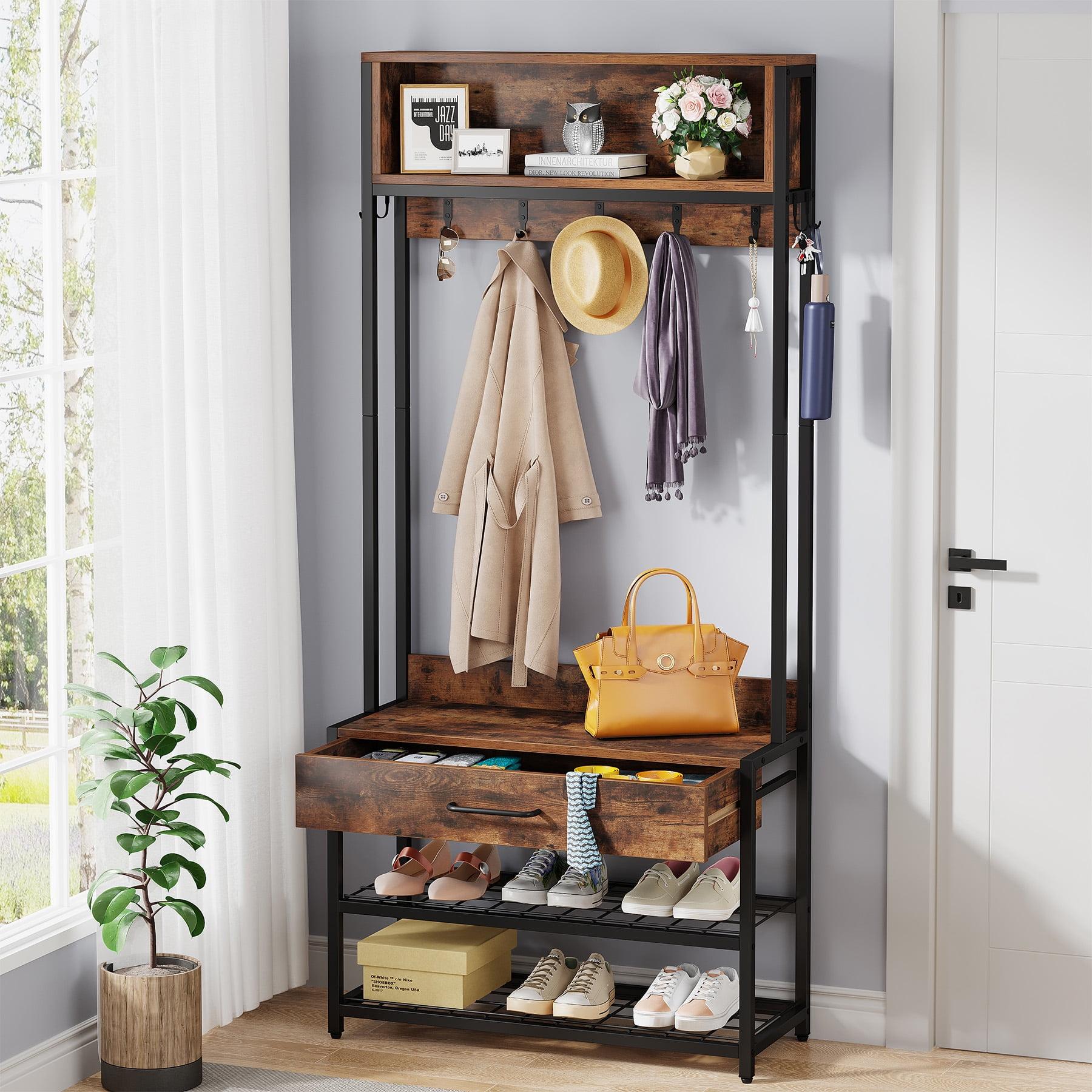 Tribesigns 3-in-1 Entryway Hall Tree with Drawer, Vintage Industrial Coat Rack with Shoe Storage Rack and Hutch for Living Room Bedroom