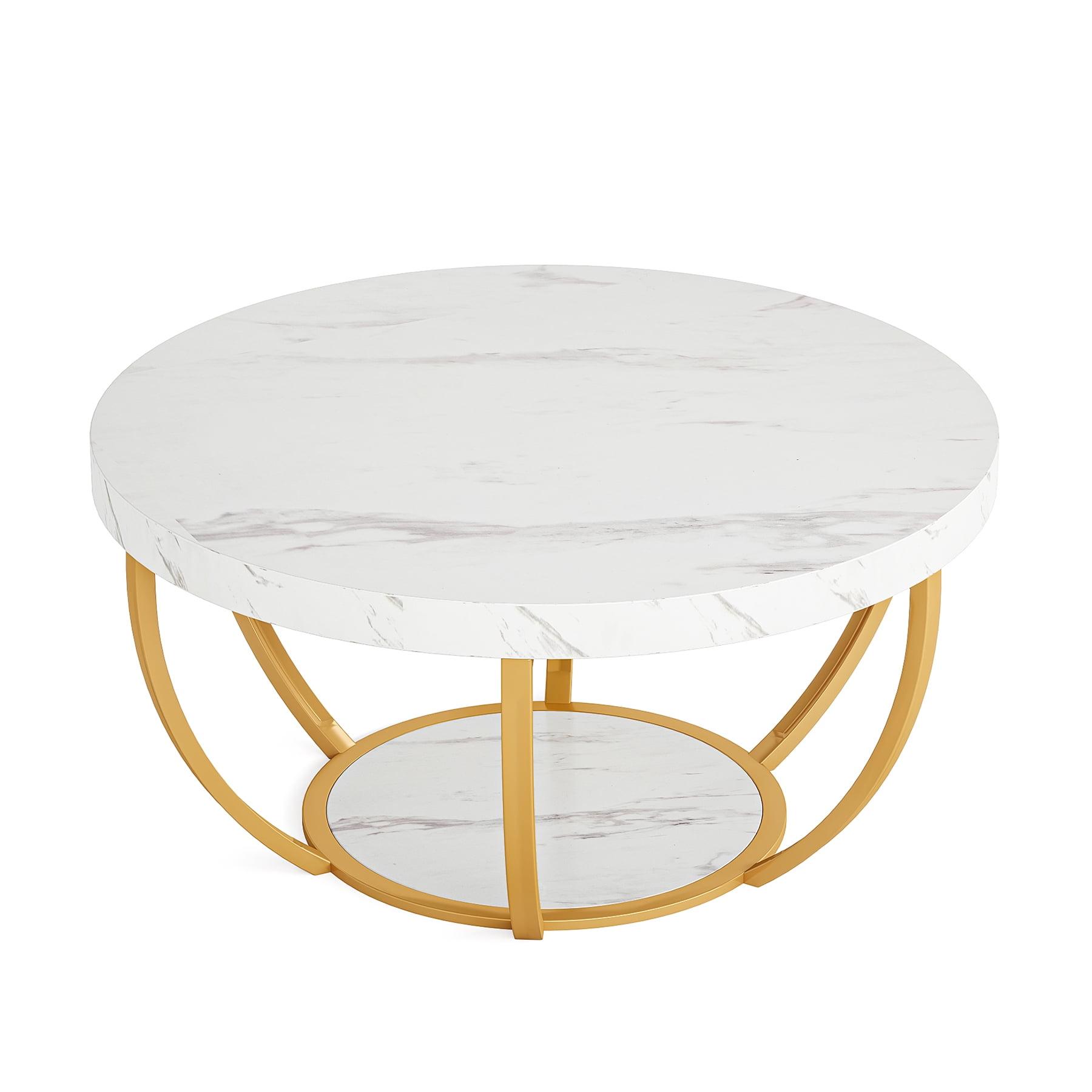 Kepooman Wooden Coffee Table, 2-Tier Round Central Cocktail Table with Shelves,White