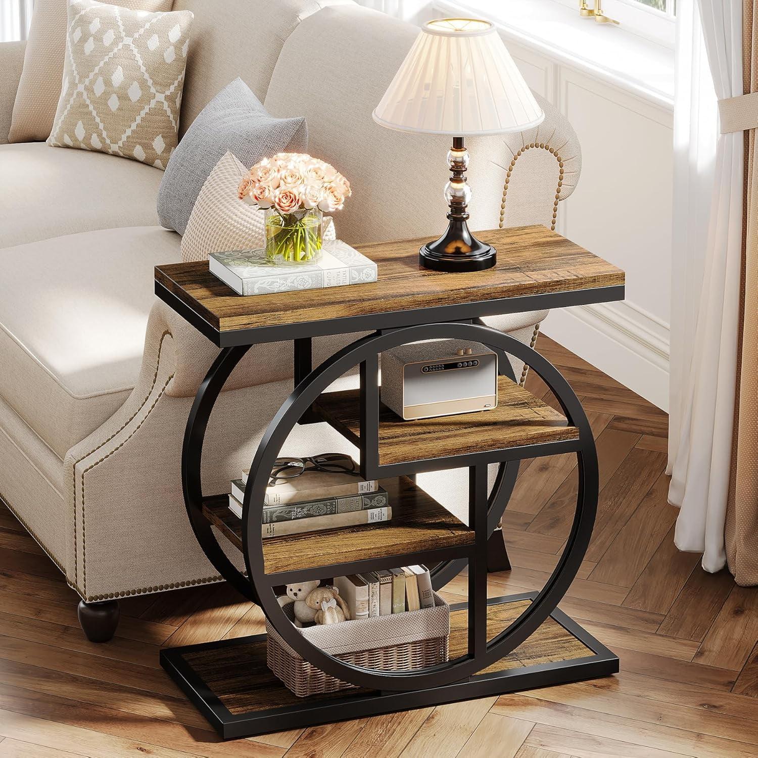 Tribesigns 4-Tier End Table for Living Room, Wood Narrow Side Table for Bedroom, Rustic Brown