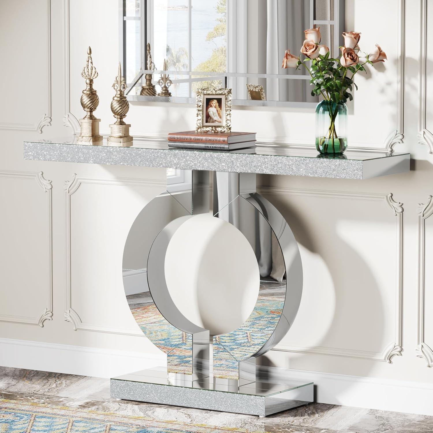 Tribesigns 43-Inch Mirrored Console Table with O-Shaped Base, Modern Silver Glass Entryway Table with Mirror Finish