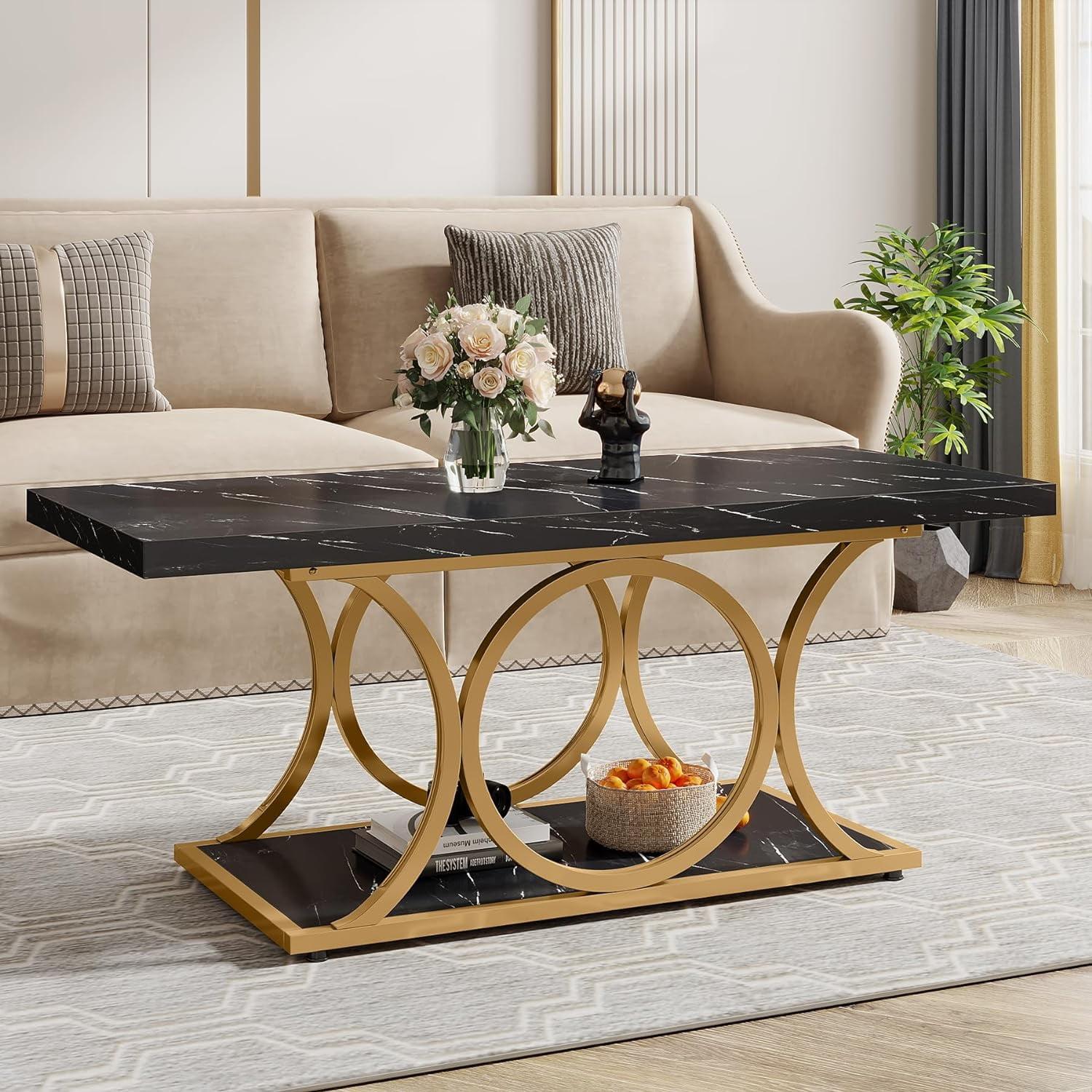 Black Faux Marble and Gold Rectangular Coffee Table with Storage Shelf