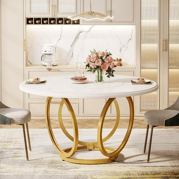 47 inch Dining Table for Dining Room, 4 People Round Dinner Table white & Gold