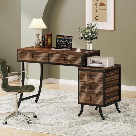 Finmind Computer Desk with 5 Drawers, 55" Home Office Desk with Reversible Drawer Cabinet
