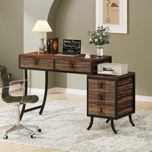Finmind Computer Desk with 5 Drawers, 55" Home Office Desk with Reversible Drawer Cabinet