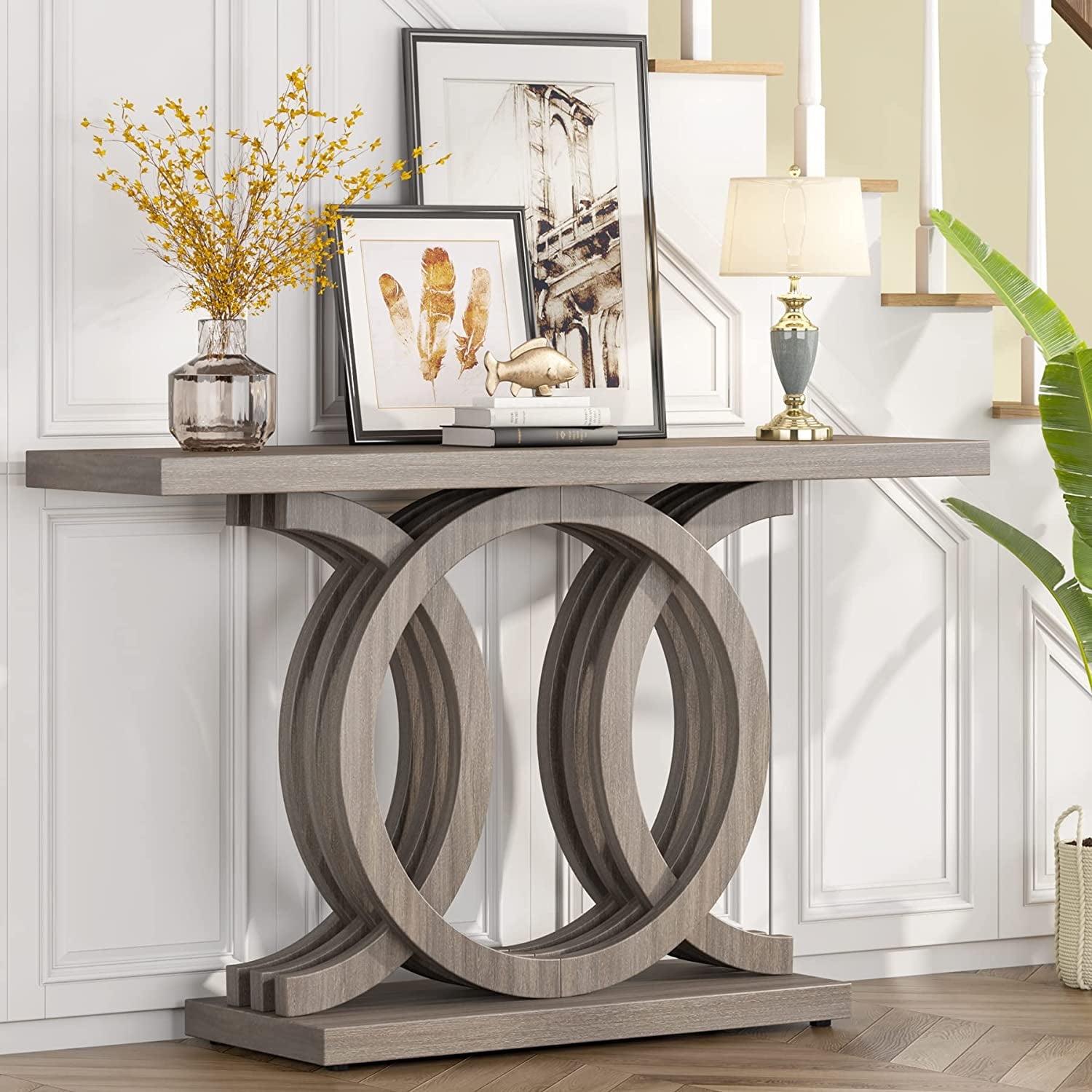 Gray 55" Geometric Base Wooden Console Table with Storage
