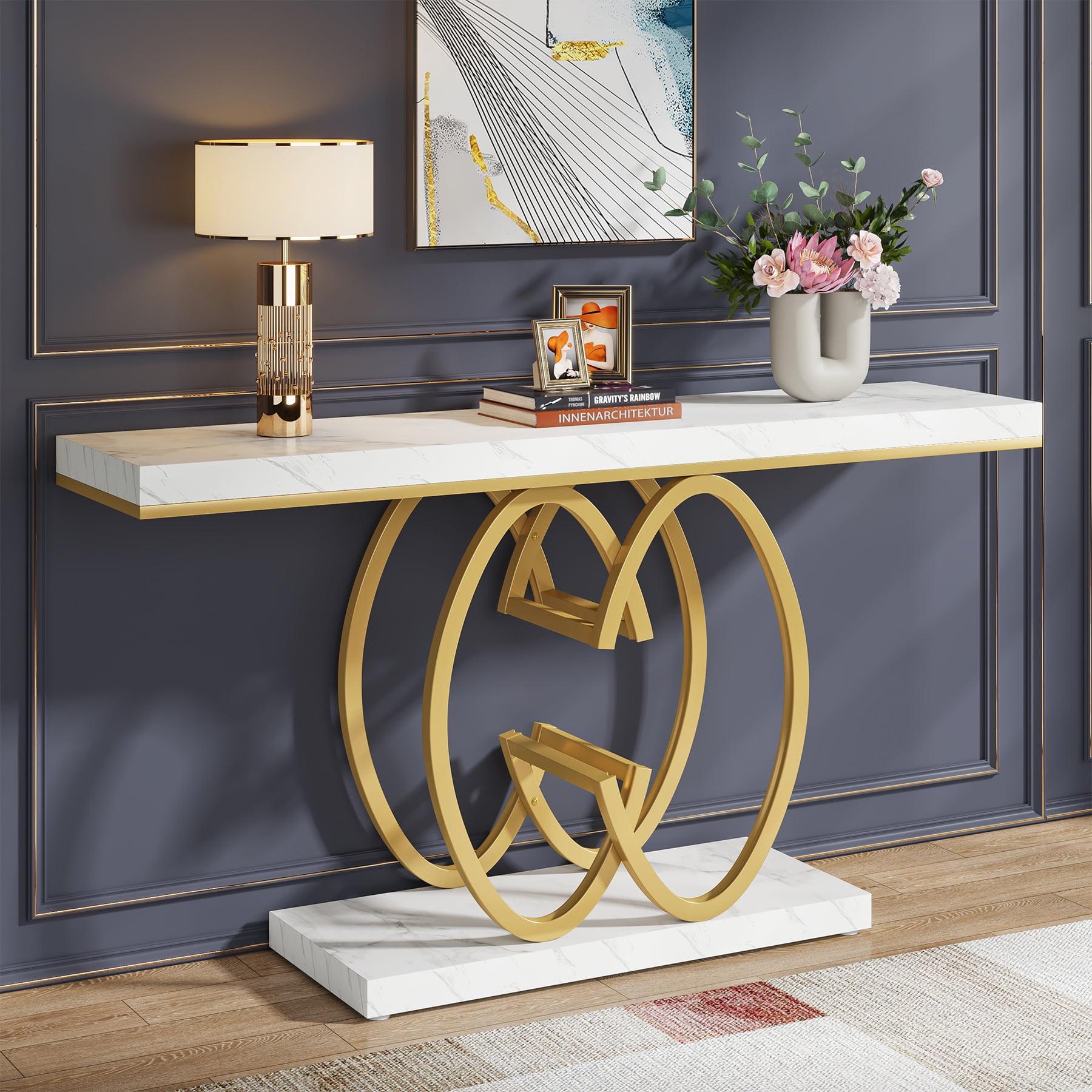 55'' White and Gold Faux Marble Console Table with Geometric Base