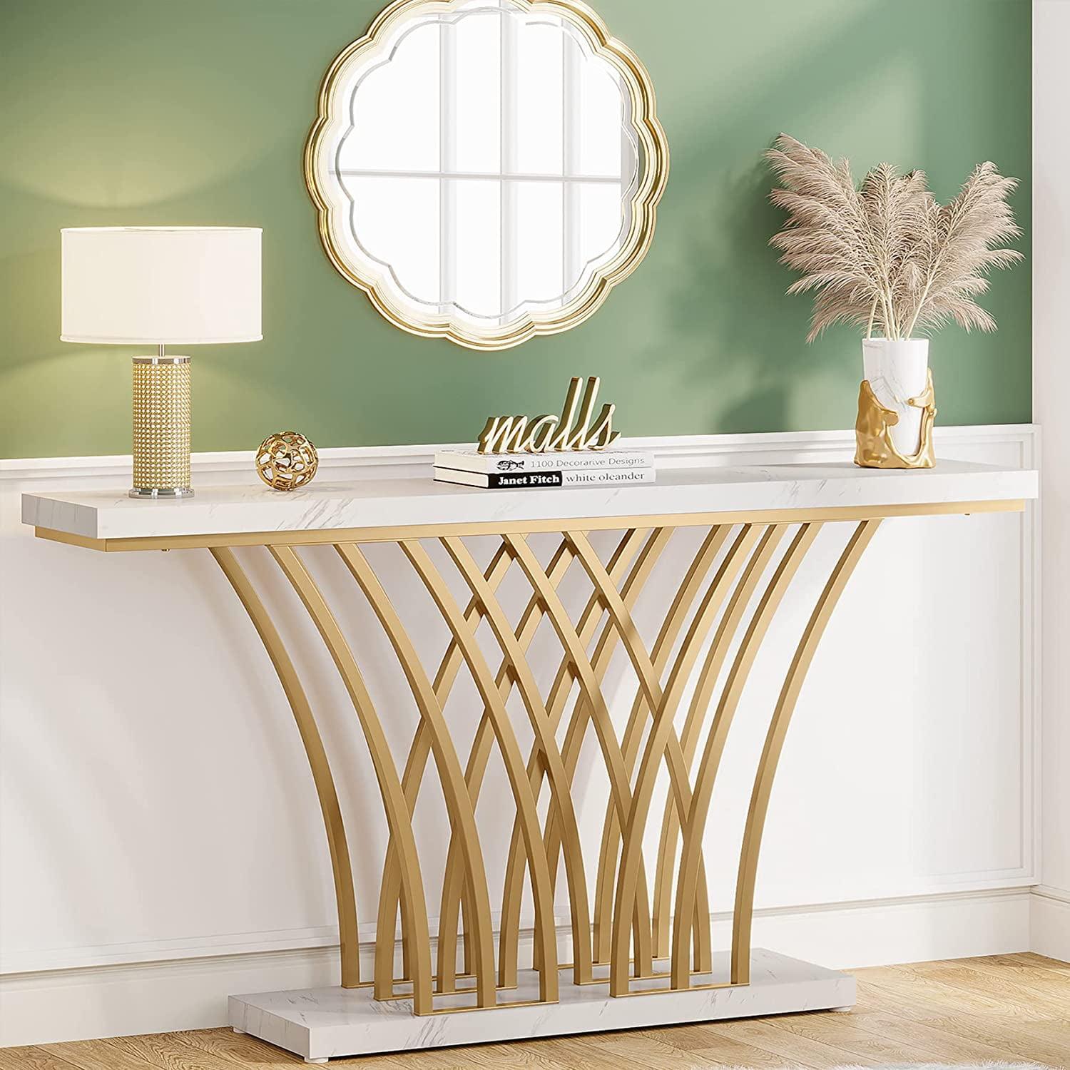 59'' Gold Console Table with White Faux Marble Top and Grid Metal Base