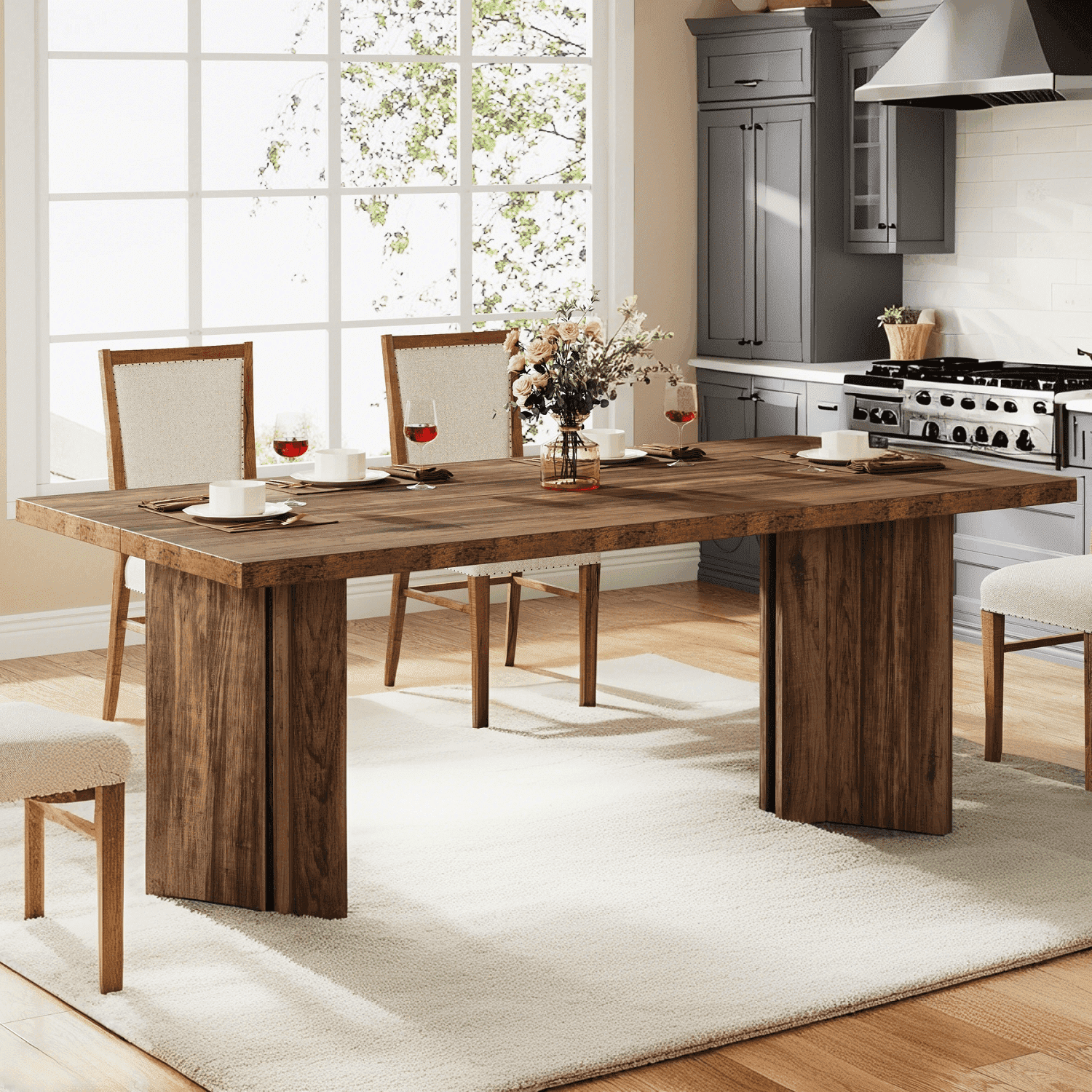 Tribesigns Dining Room Table for 4-6, 63" Farmhouse Wood Kitchen Table for Kitchen, Dark Brown