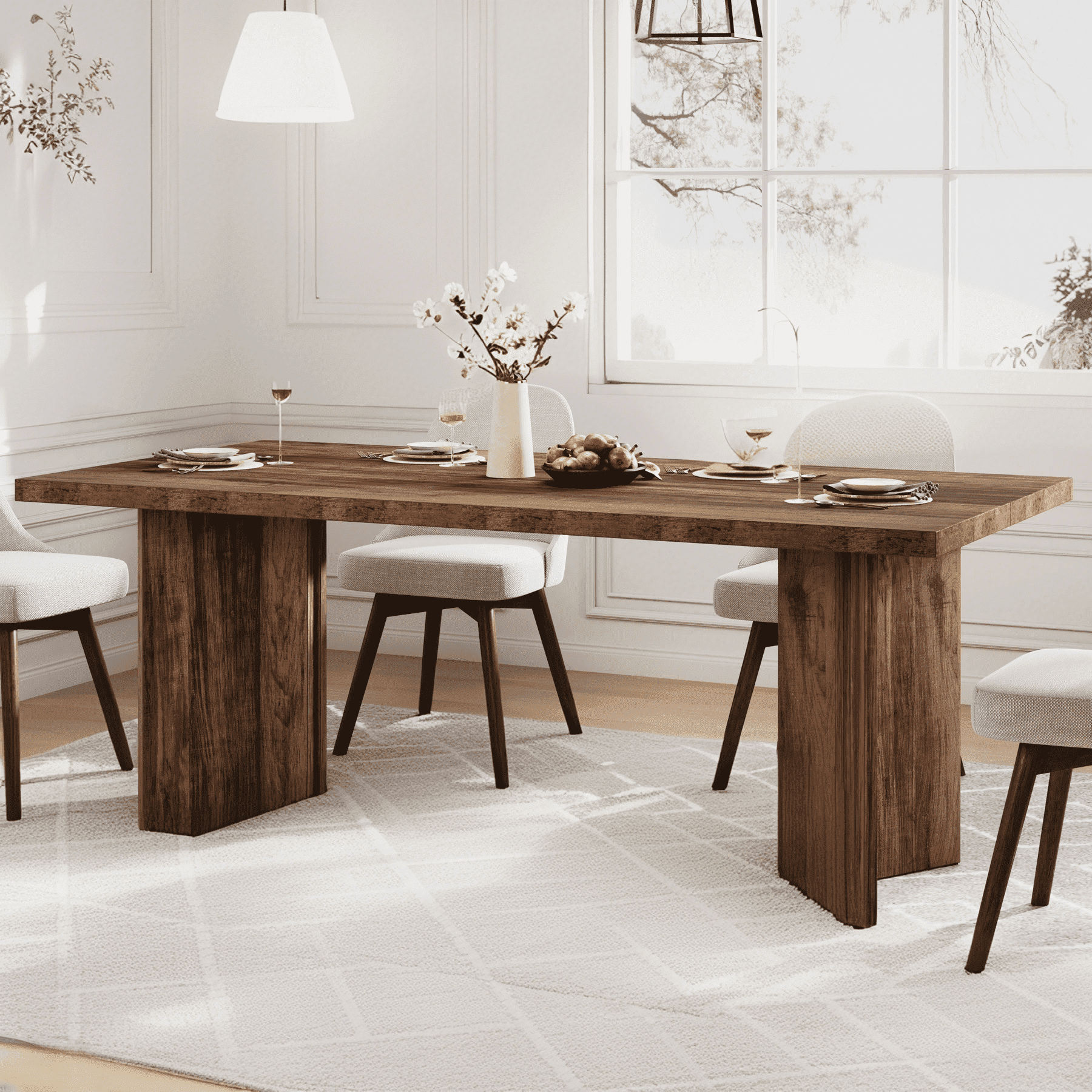 Finmind 63" Dining Table for 4-6, Wood Farmhouse Kitchen Table for Dining Room, Dark Brown
