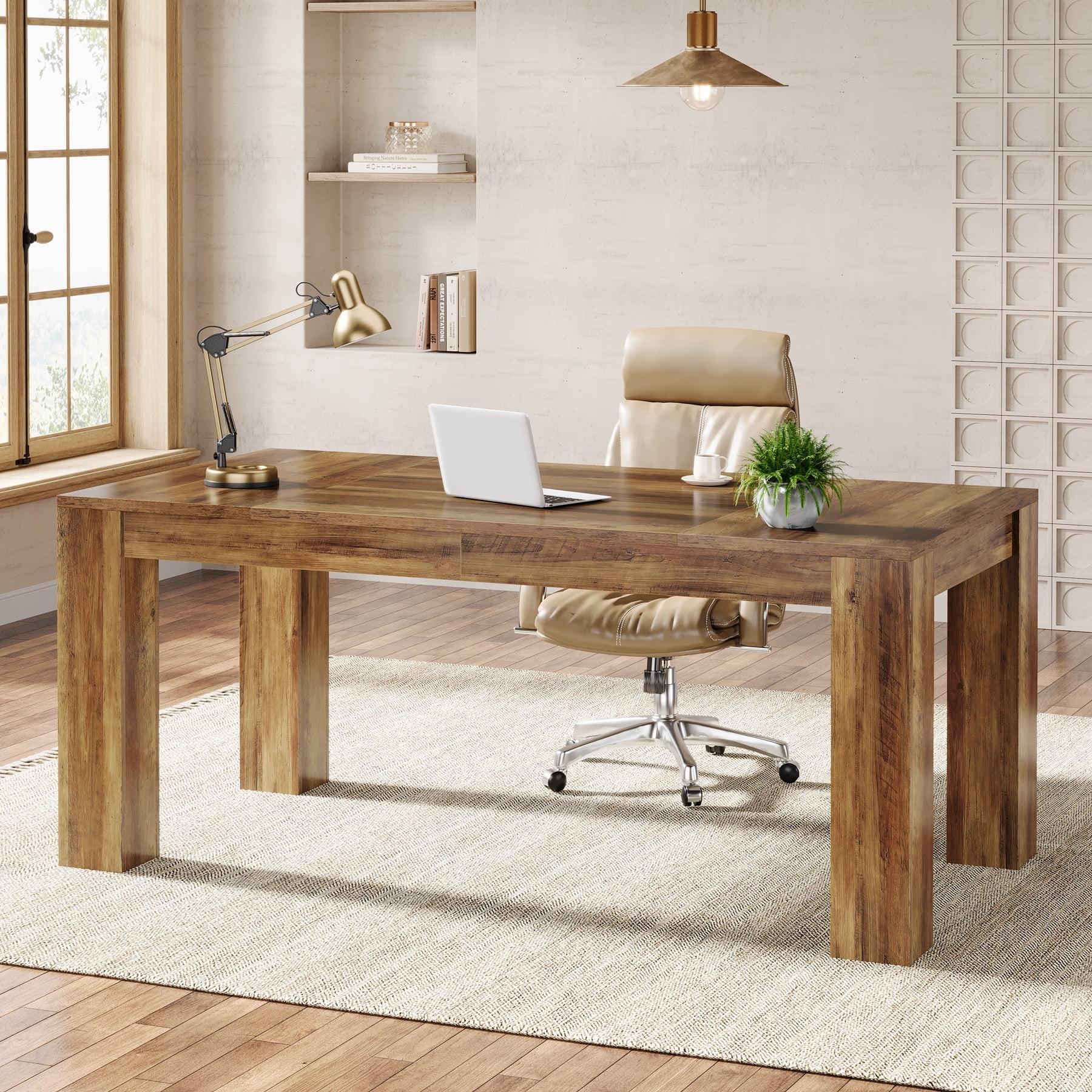 Tribesigns 63-Inch Executive Computer Desk, Industrial Writing Table with Solid Wooden Base for Home Office, Brown