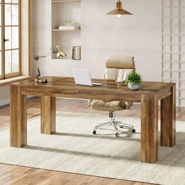 Tribesigns 63-Inch Executive Computer Desk, Industrial Writing Table with Solid Wooden Base for Home Office, Brown