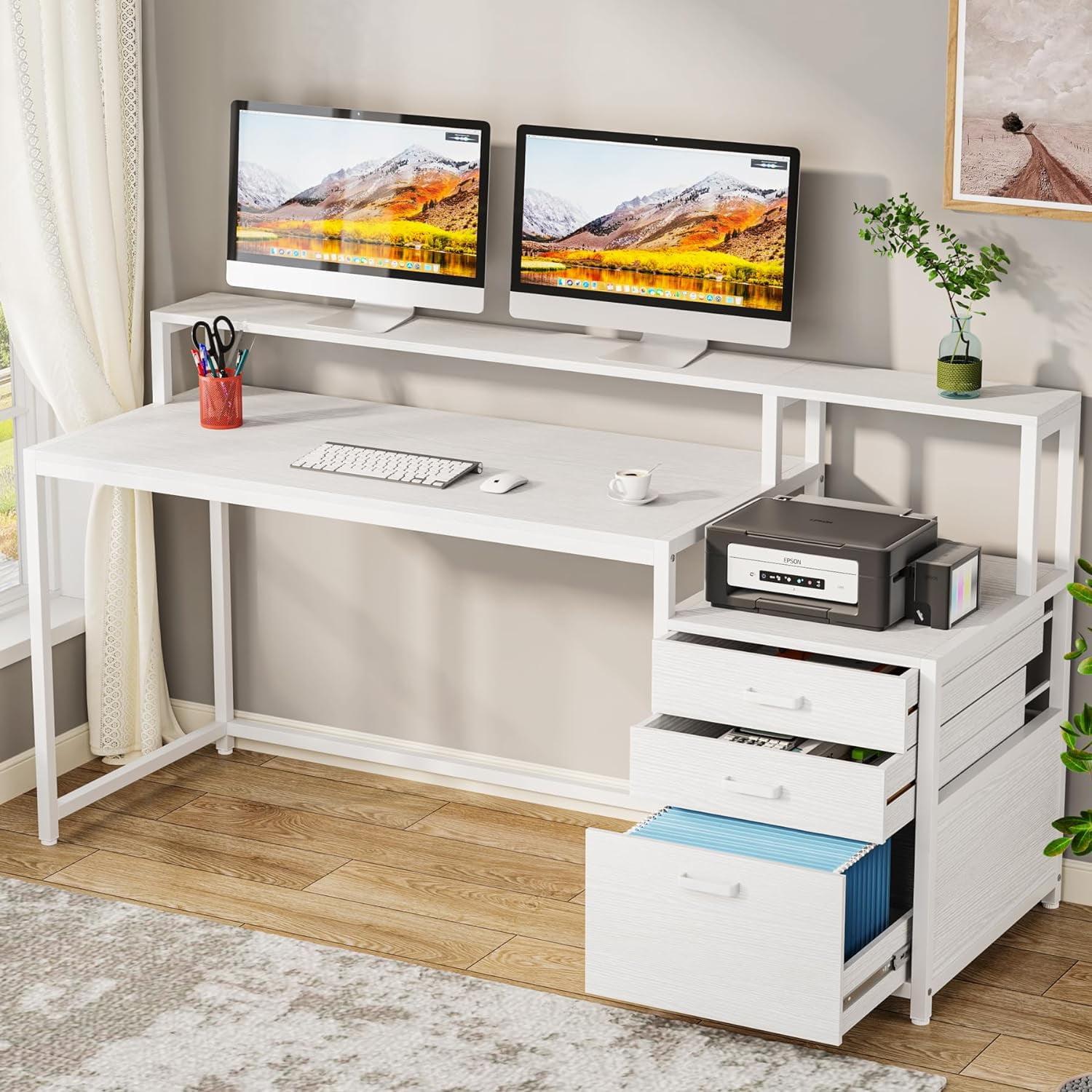 White Wood 63" Computer Desk with Drawers and Filing Cabinet