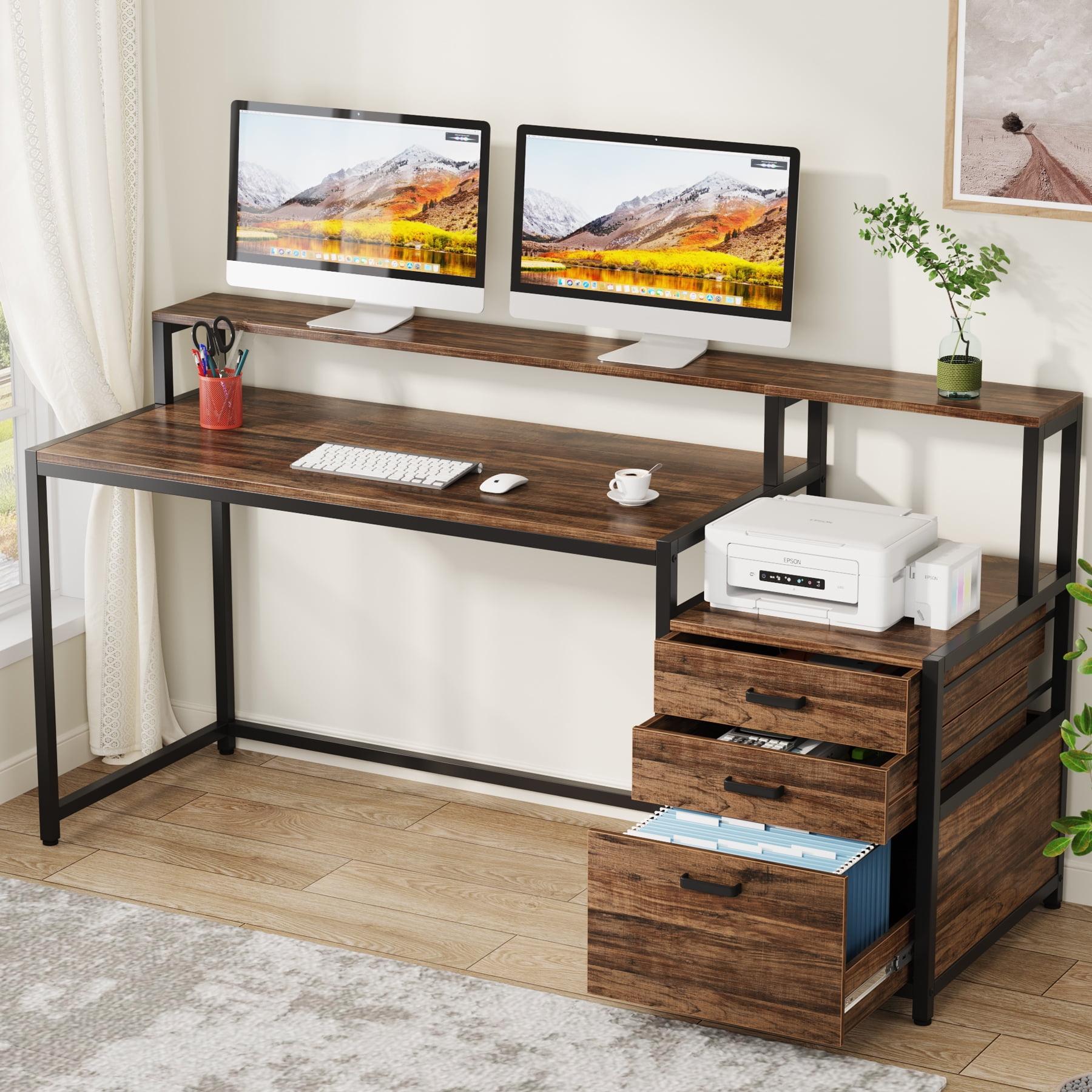 1Easylife 63" Computer Desk with Monitor Stand, Ergonomic Home Office Desks with Drawers File Cabinet Rustic Brown