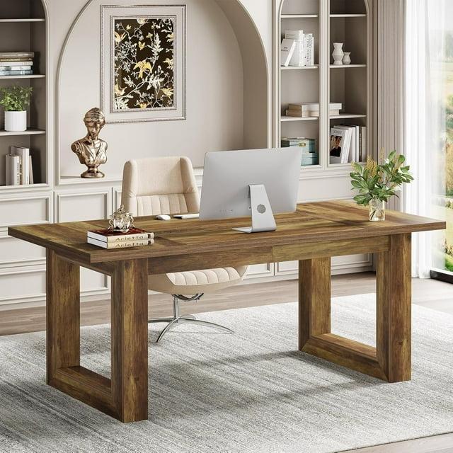 Tribesigns 63-Inch Executive Computer Desk, Industrial Writing Table with Solid Wooden Base for Home Office, Brown