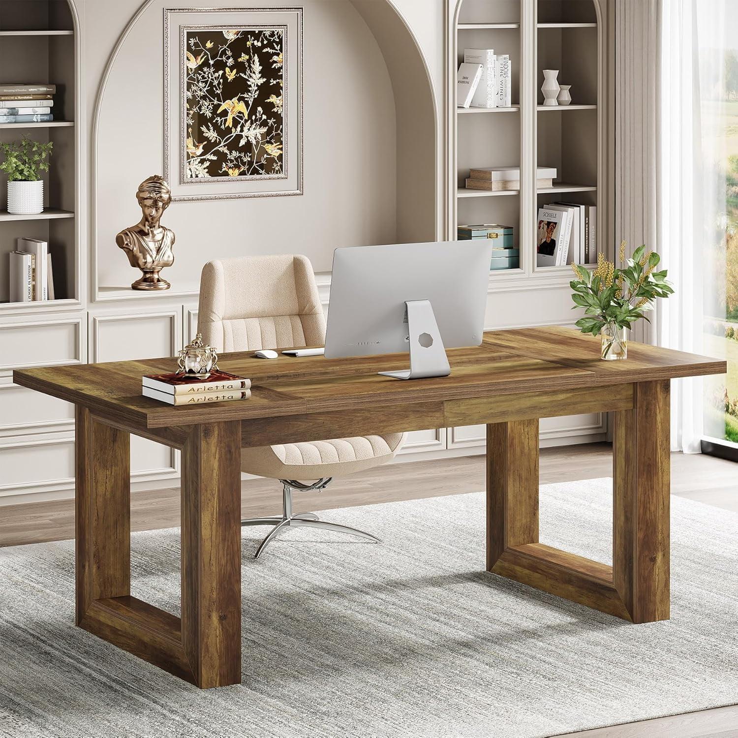 Tribesigns 63-Inch Executive Computer Desk, Industrial Writing Table with Solid Wooden Base for Home Office, Brown