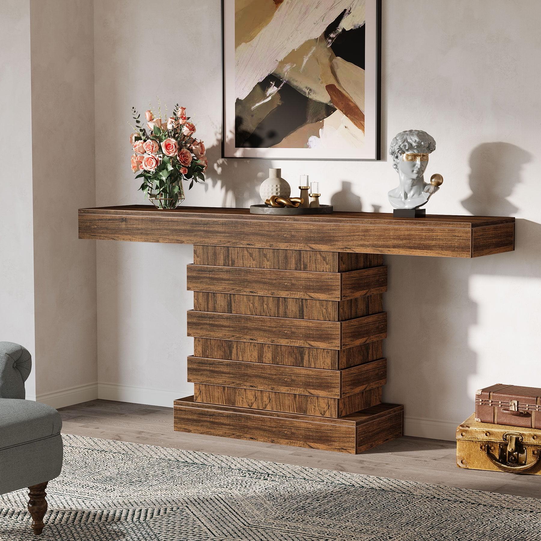 Rustic Brown 63-Inch Wooden Console Table with Storage