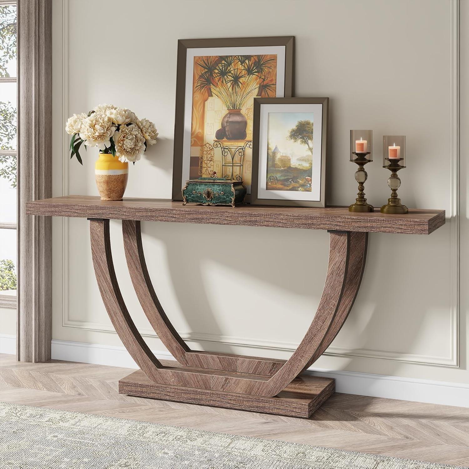 Tribesigns 63" Skinny Console Table with Geometric Base, Farmhouse Sofa Table Narrow Long, Thickened Behind Couch Table with Shelves for Living Room Foyer Corridor (Brown)