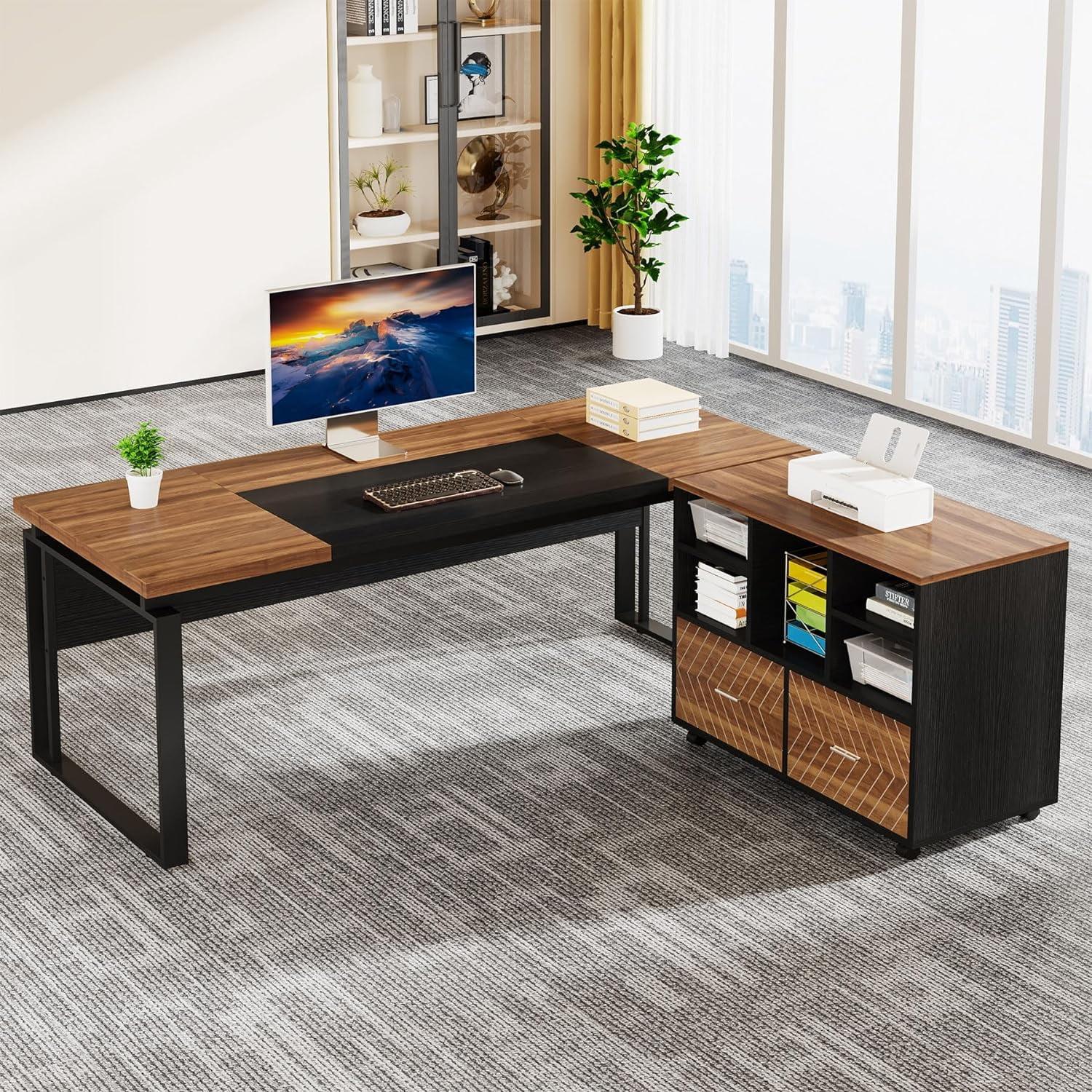 Rustic Brown & Black L-Shaped Executive Desk with Filing Cabinet