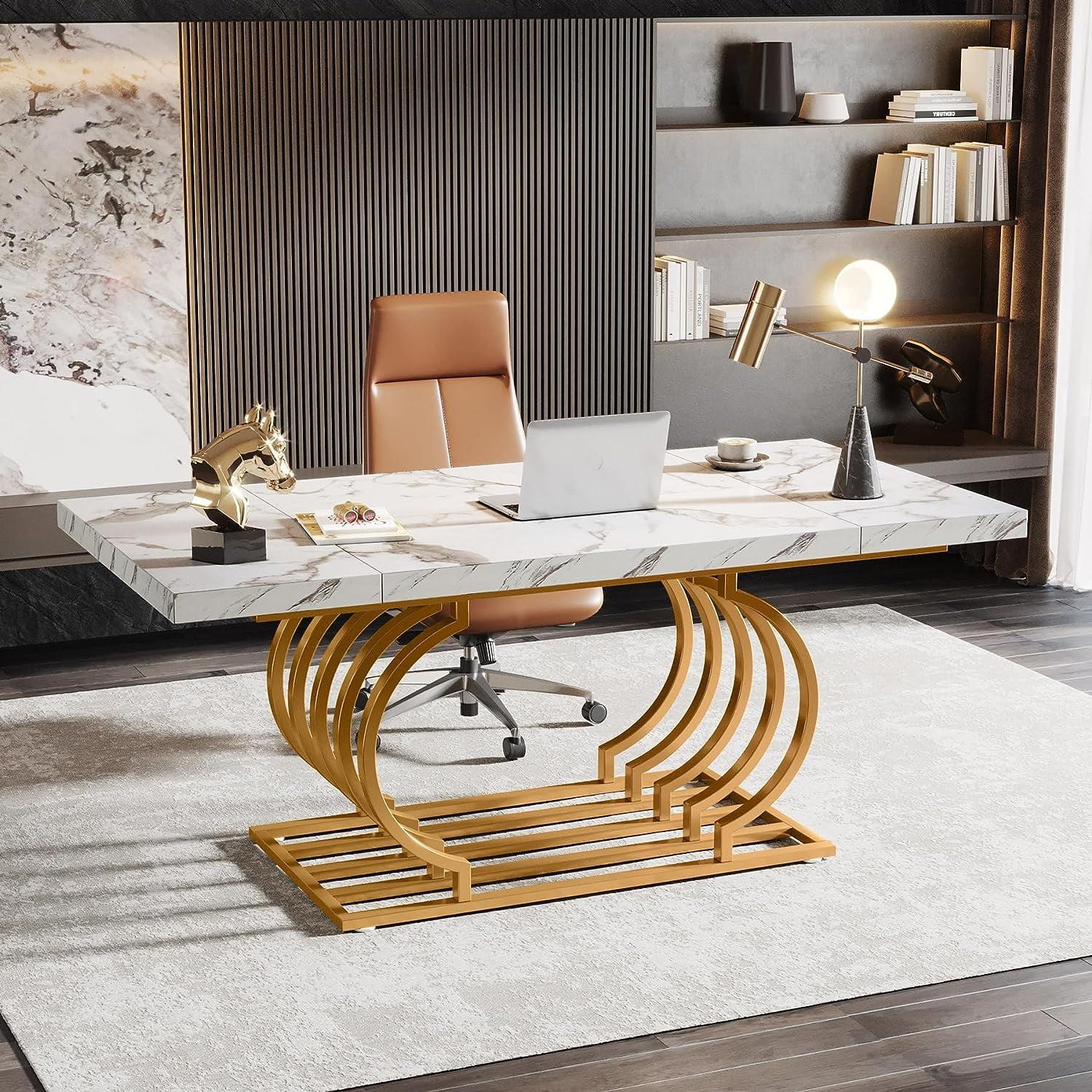 Tribesigns 63 inch Modern Office Desk, Large Executive Desk Computer Desk with Gold Metal Frame, White & Gold