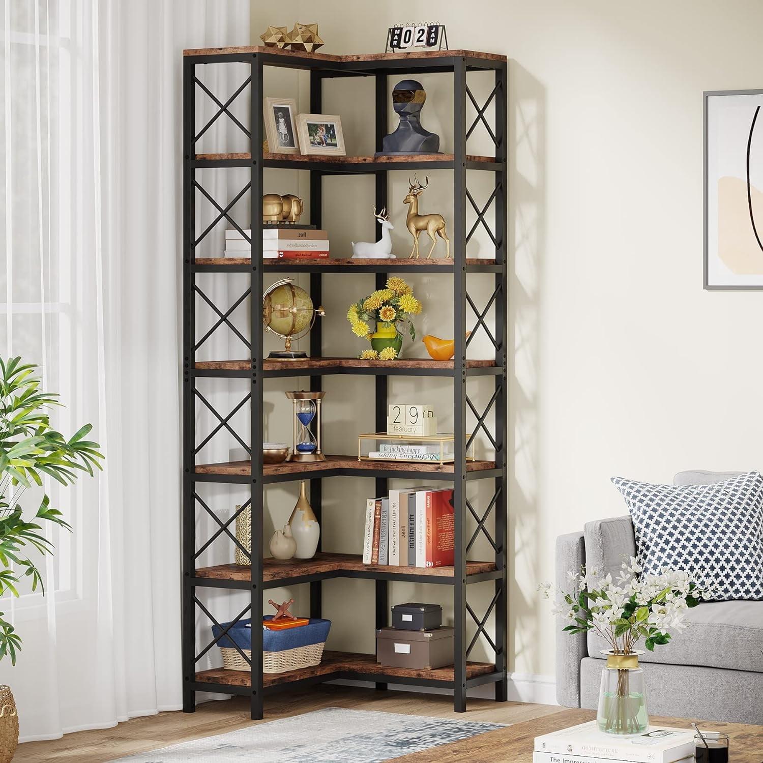 Hommoo 7-Tier Tall Corner Bookshelf Rustic Brown