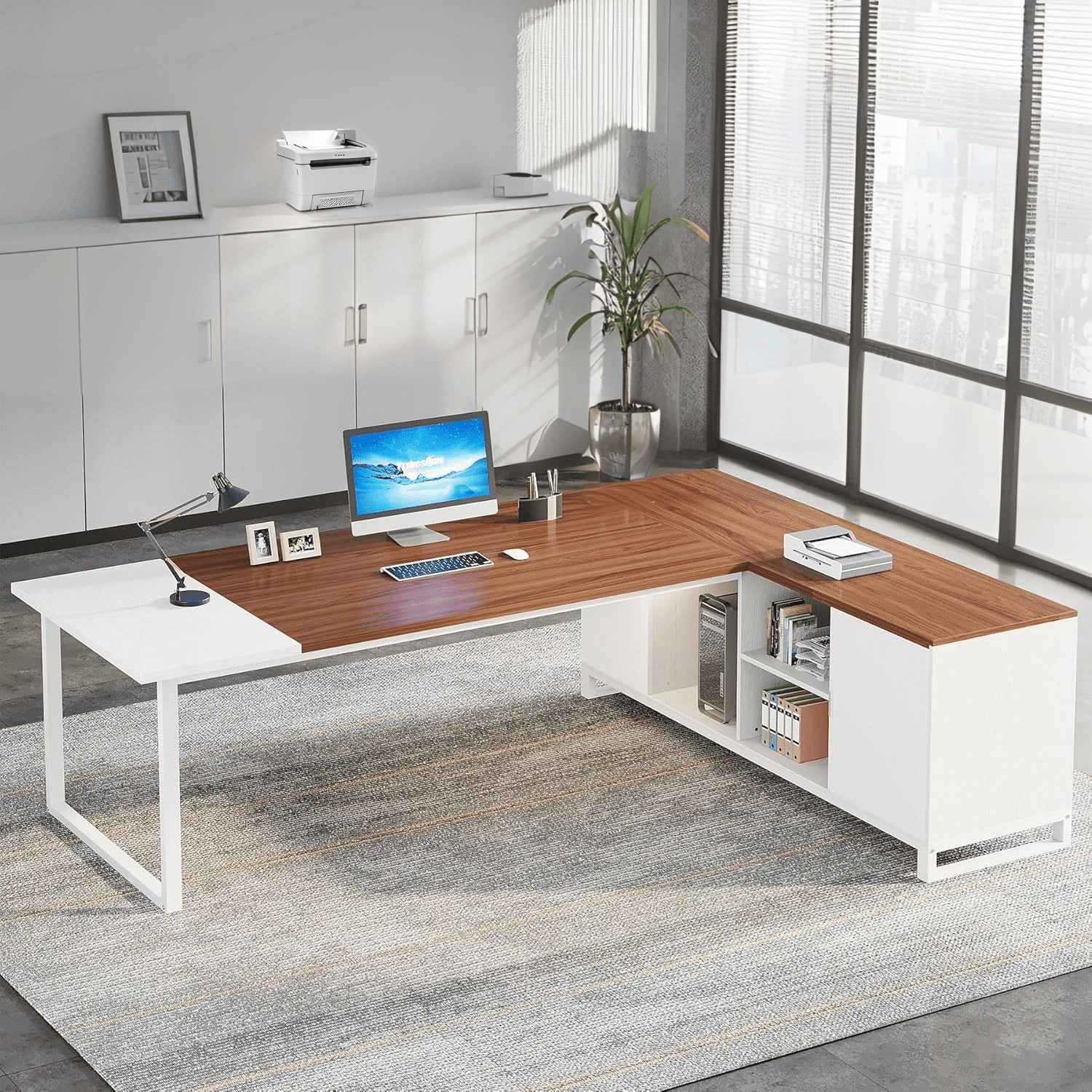 Tribesigns 70.8" Executive Desk with 55" File Cabinet, Industrial L Shaped Computer Desk, Large Executive Desk for Home Office, Walnut & White
