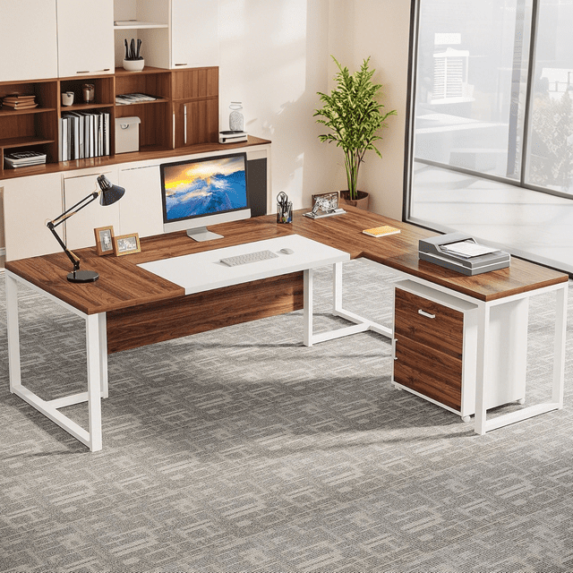 Tribesigns 70.8" Executive Desk with 55" File Cabinet, Industrial L Shaped Computer Desk, Large Executive Desk for Home Office, Walnut & White
