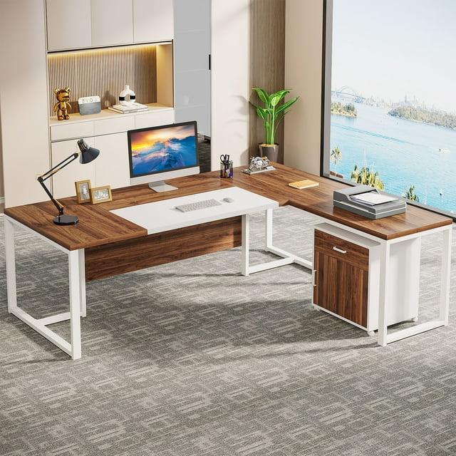 Tribesigns 70.8" Executive Desk with 55" File Cabinet, Industrial L Shaped Computer Desk, Large Executive Desk for Home Office, Walnut & White