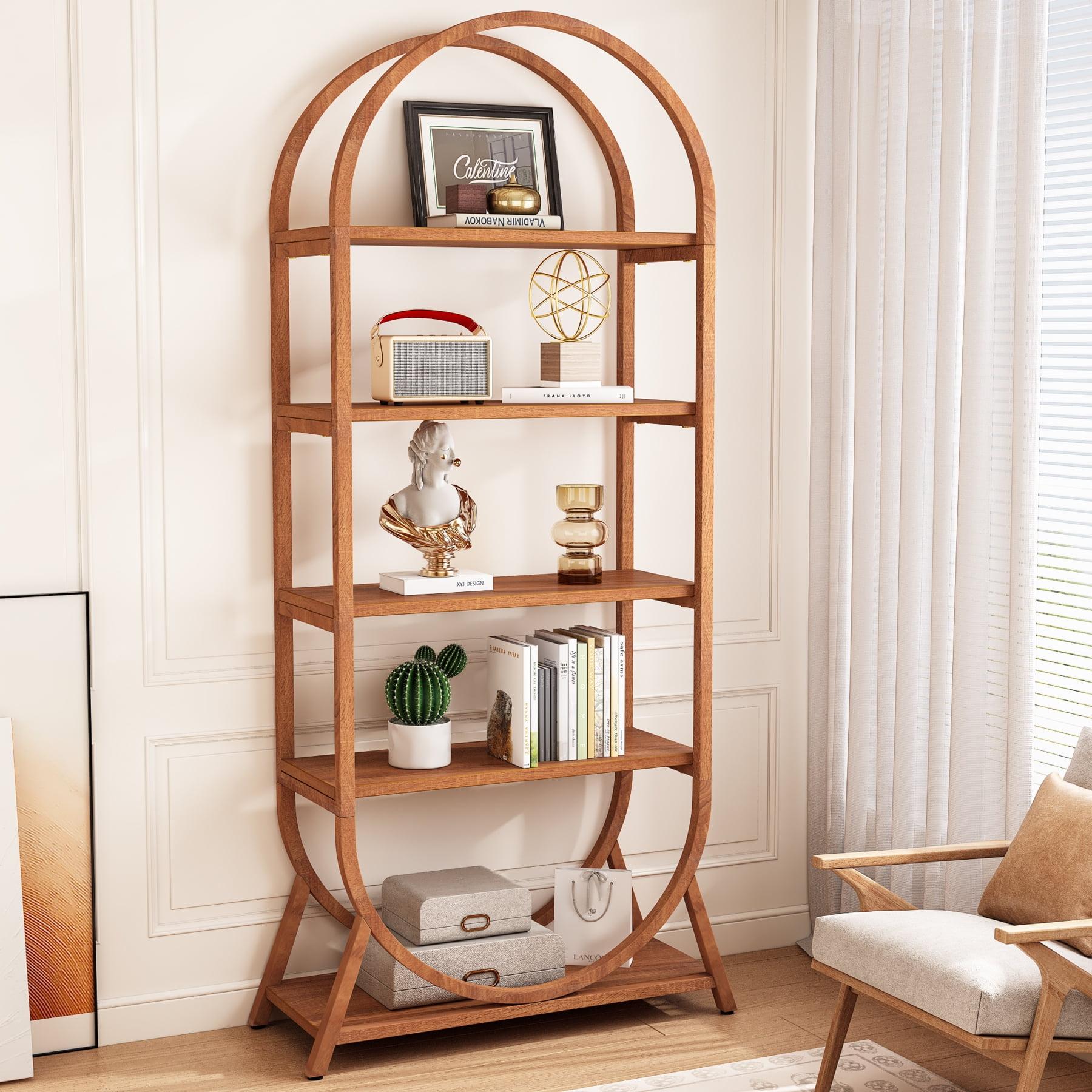 Tall Bright Brown Arched 5-Tier Bookshelf with Metal Frame