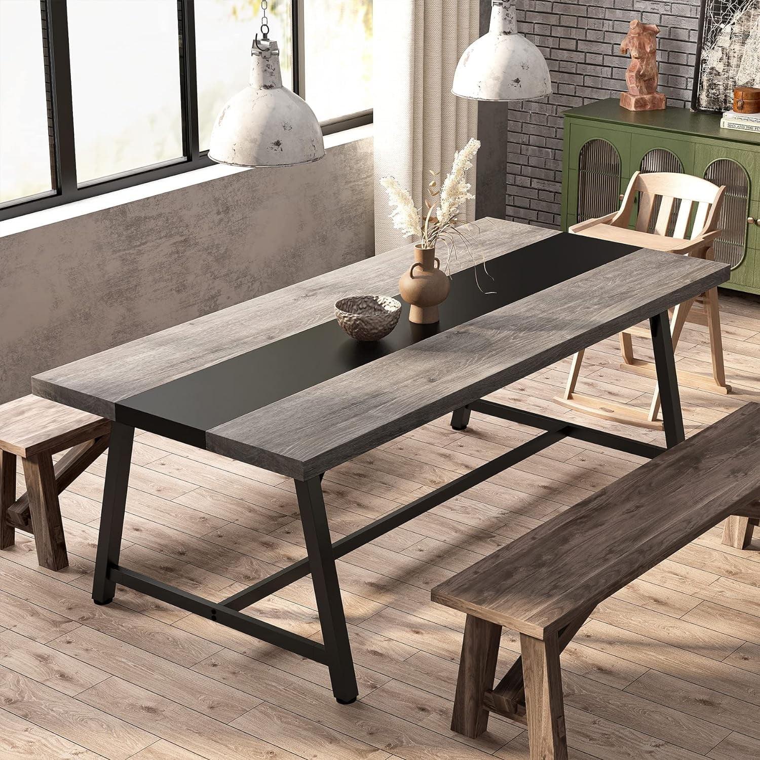 Tribesigns 70.87-inch Dining Table for 8 People, Rectangular Wood Kitchen Table with Strong Metal Frame for Dining Room for Big Family, Grey