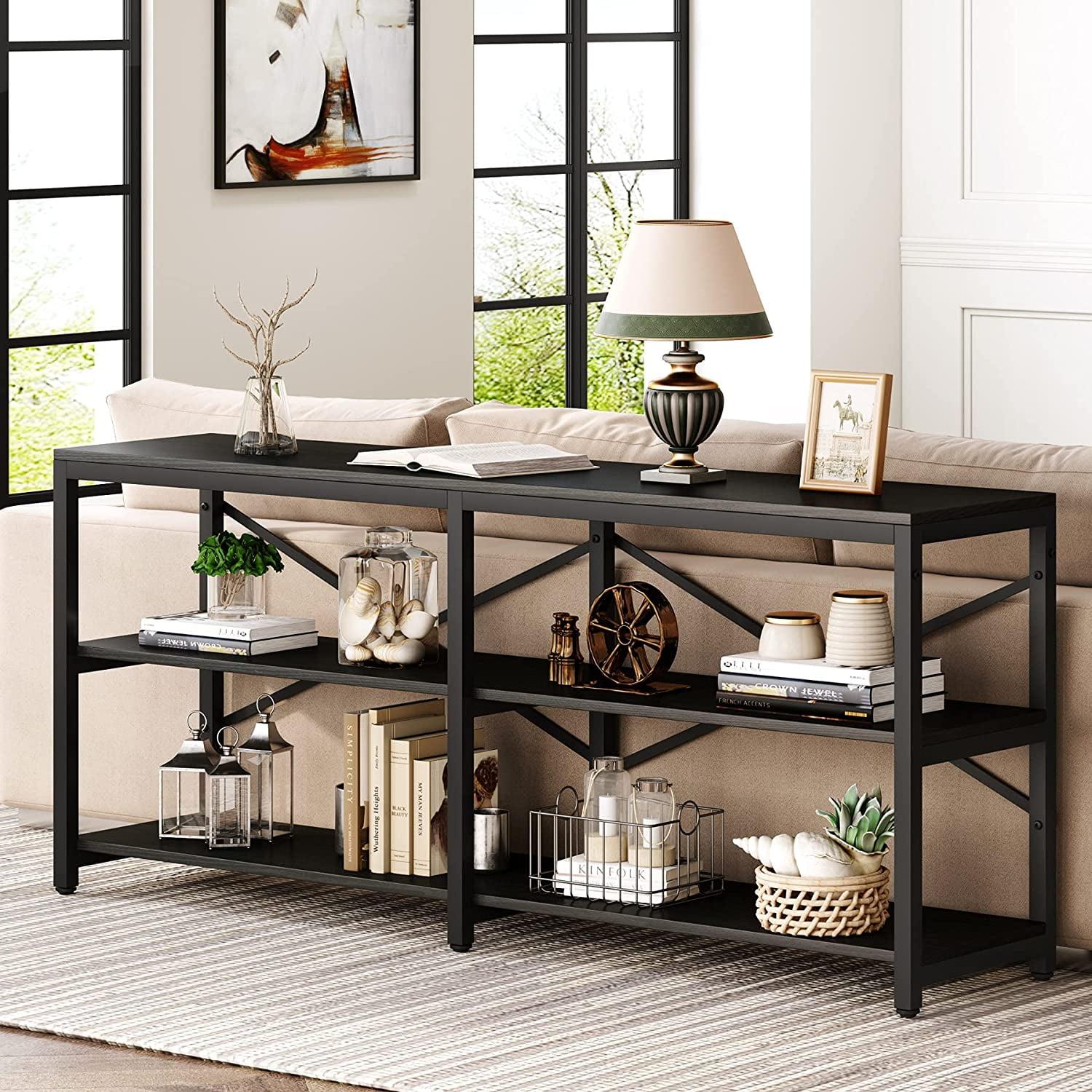 Black Metal and Wood 3-Tier Console Table with Storage Shelves