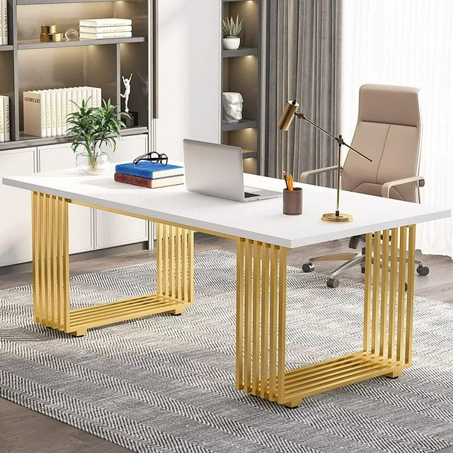 Tribesigns 70.9" Executive Office Desk, Modern Conference Desk with Metal Frame, White Gold