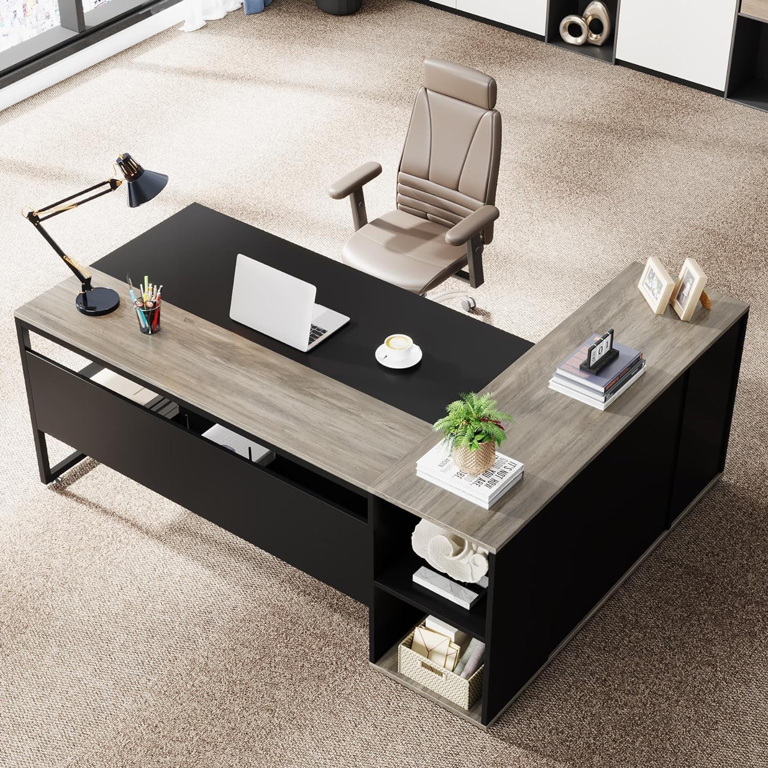 Gray and Black L-Shaped Executive Desk with Filing Cabinet