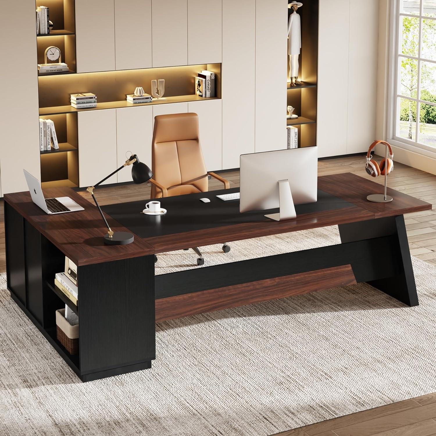 Tribesigns Modern 78" L-Shaped Executive Desk with Drawers and Lateral File Cabinet, Brown