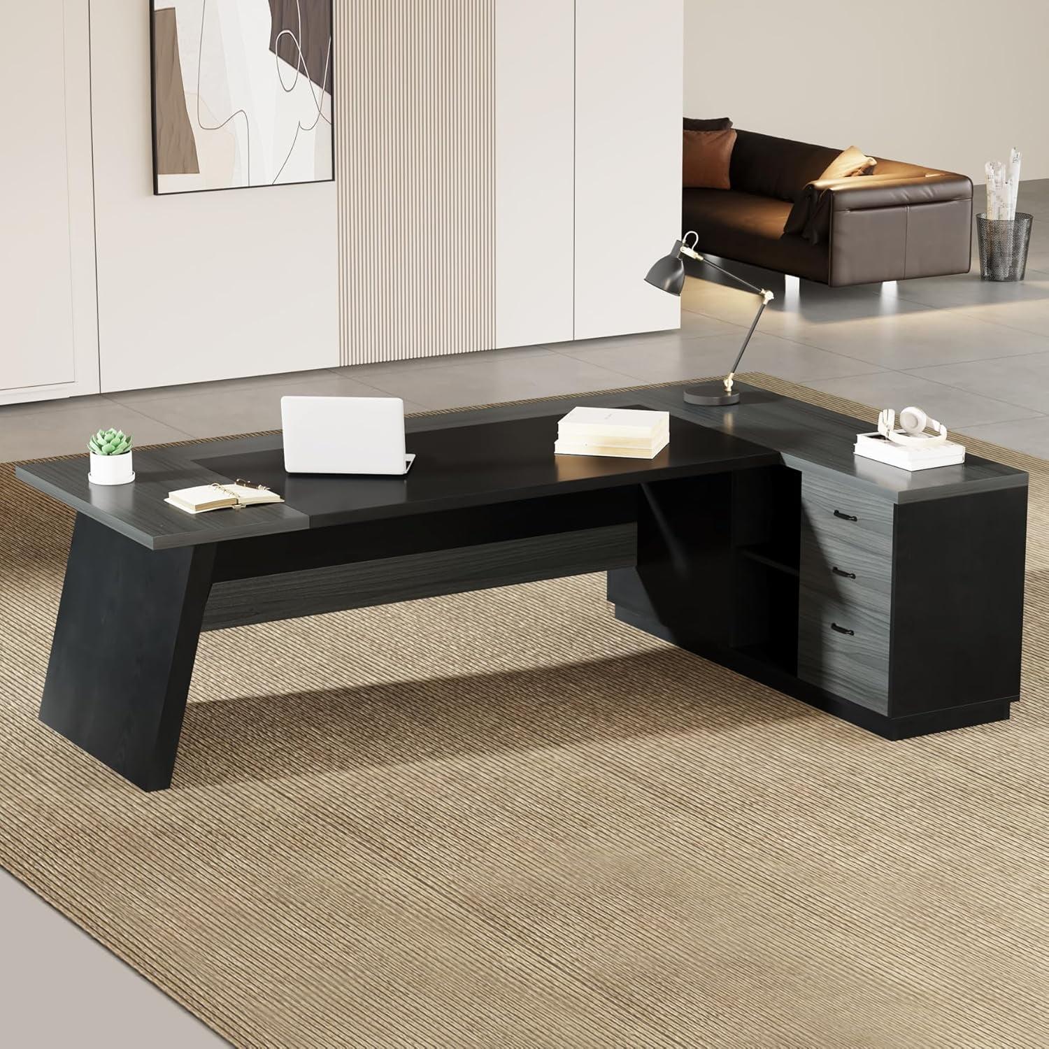 Tribesigns 78-Inch L-Shaped Executive Desk, Large Office Desk with Drawers and Lateral File Cabinet, Modern Computer Desk for Home Office, Gray & Black