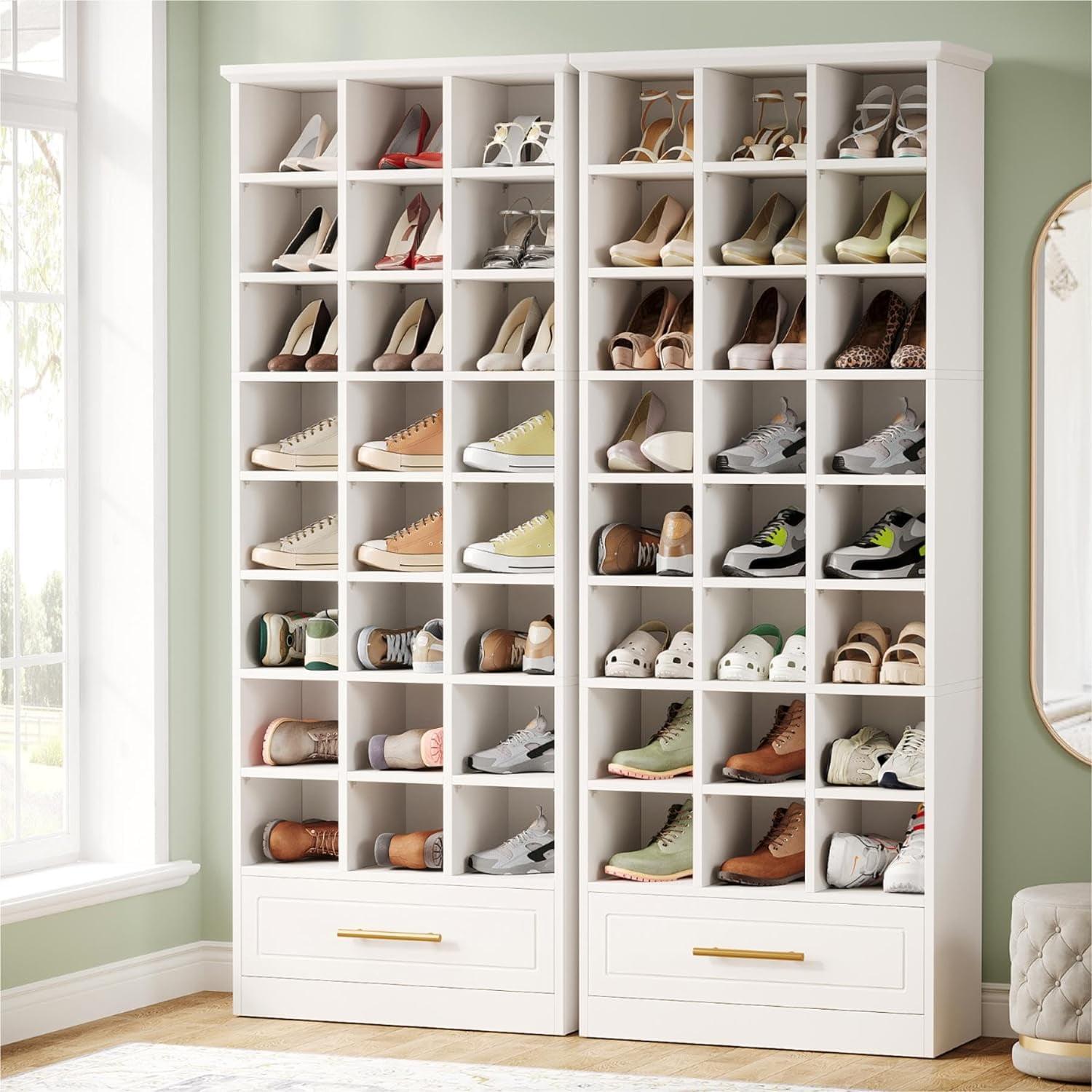 Tribesigns 71-Inch White Wooden 9-Tier Shoe Storage Cabinet with Drawer