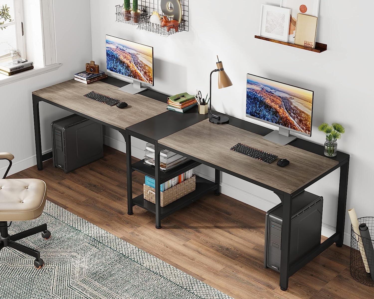 LITTLE TREE 90.55" Double Desk with Storage Shelf Gray/Black