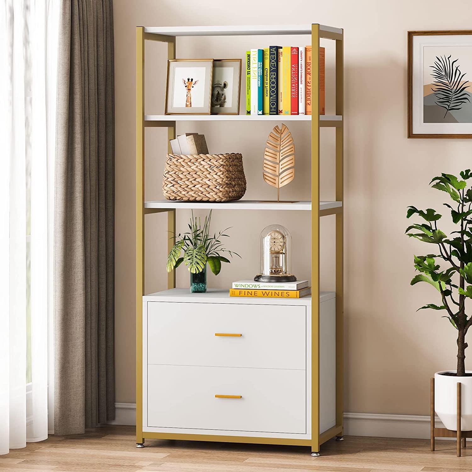 Tribesigns 4-Tier Bookshelf with 2 Drawers White/Gold