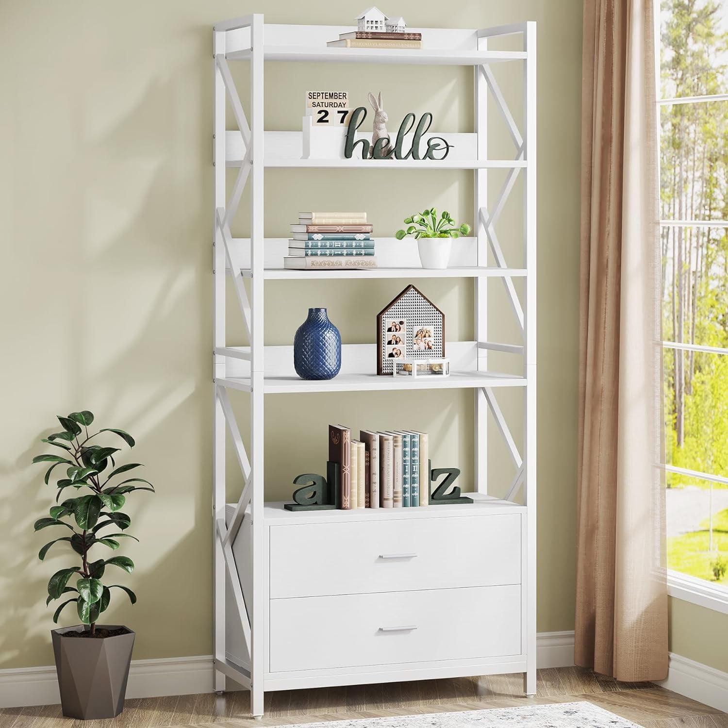 Bookshelf with Drawers, 70.8" Modern Bookcase with 2 Drawers, 5 Shelf Open Shelf for Storage