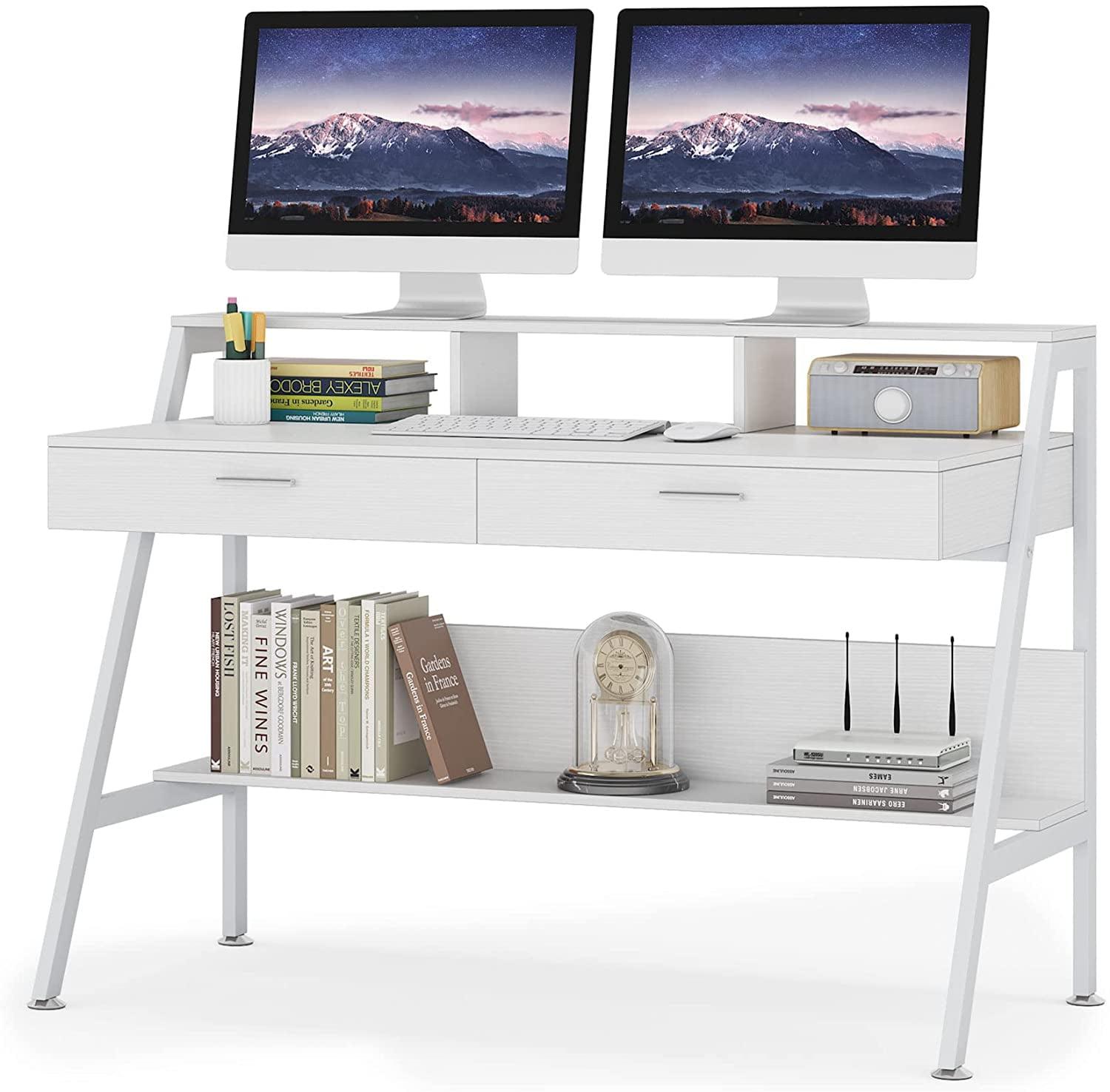 White Wood 47" Computer Desk with Drawers and Shelf