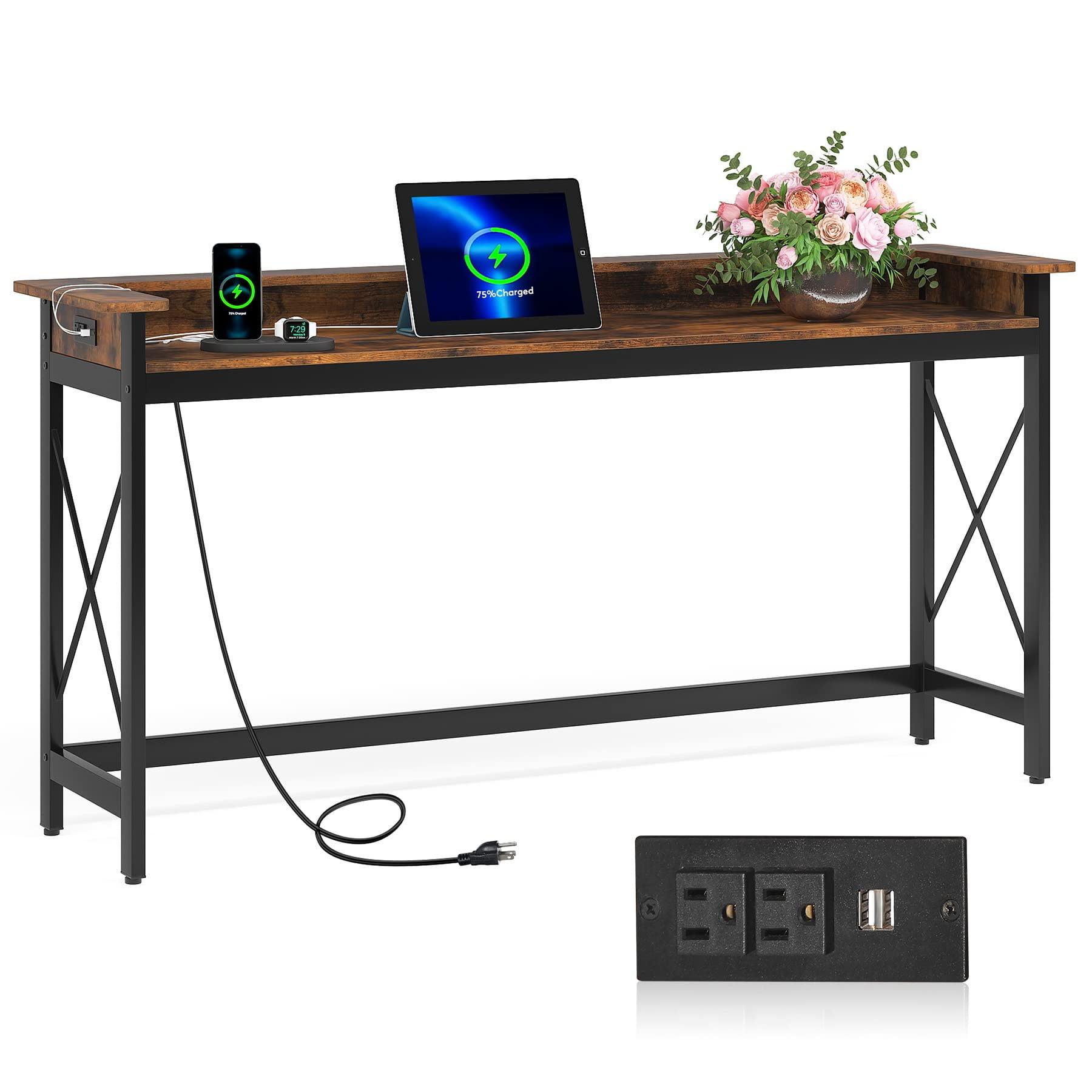 Tribesigns Sofa Table with Outlets and USB Ports, 70.9 inch Extra Long Console Table Behind Couch Brown