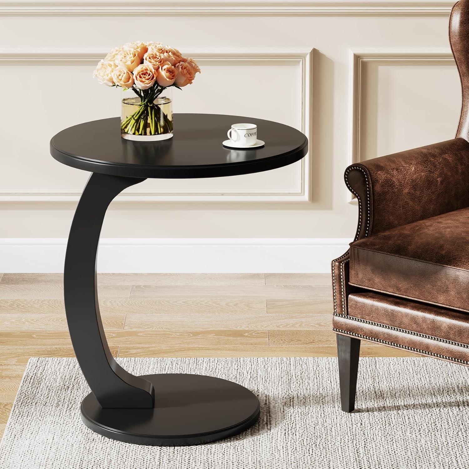 Black Solid Wood Round C-Shaped End Table