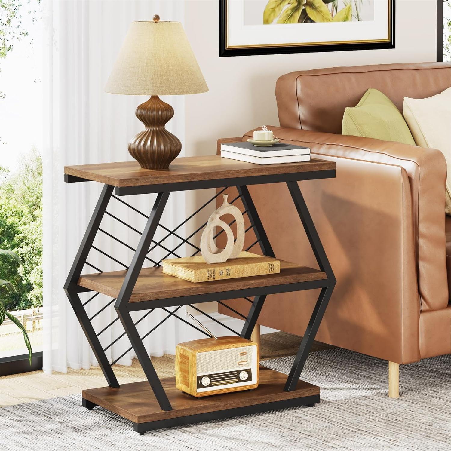 Rustic Brown and Black Geometric Metal Frame End Table with Shelves