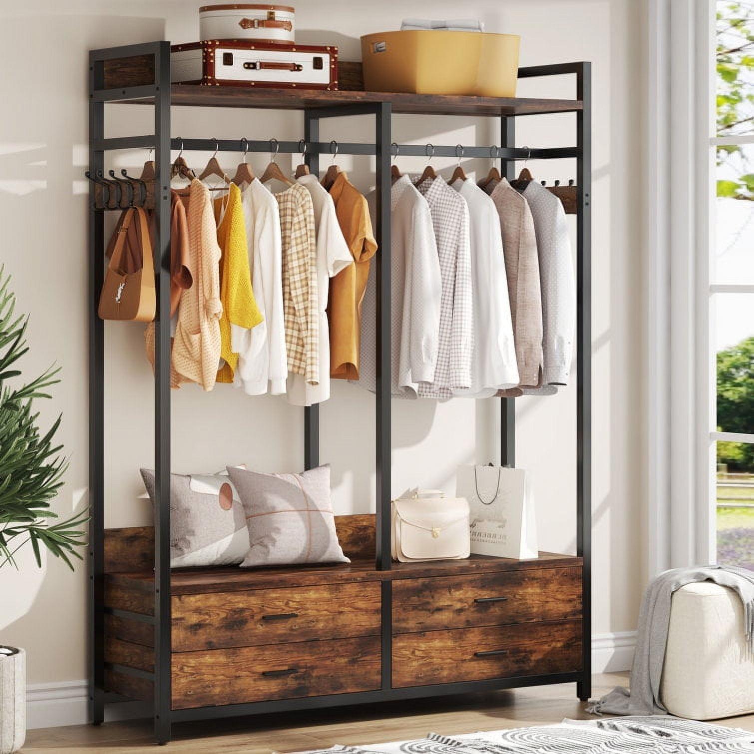 Rustic Brown Wood and Metal Closet Organizer with Drawers and Hooks